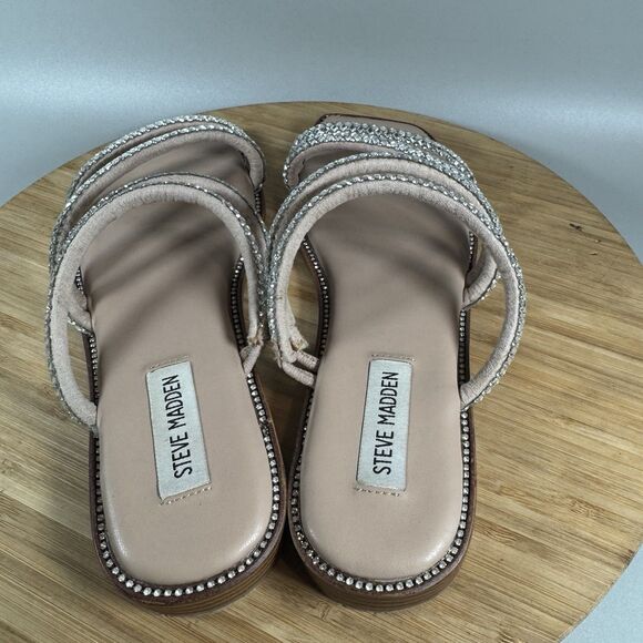 Steve Madden Sandals 8.5 M Starie Rhinestones Strappy Flats Beige Square Toe Tan - Picture 4 of 6